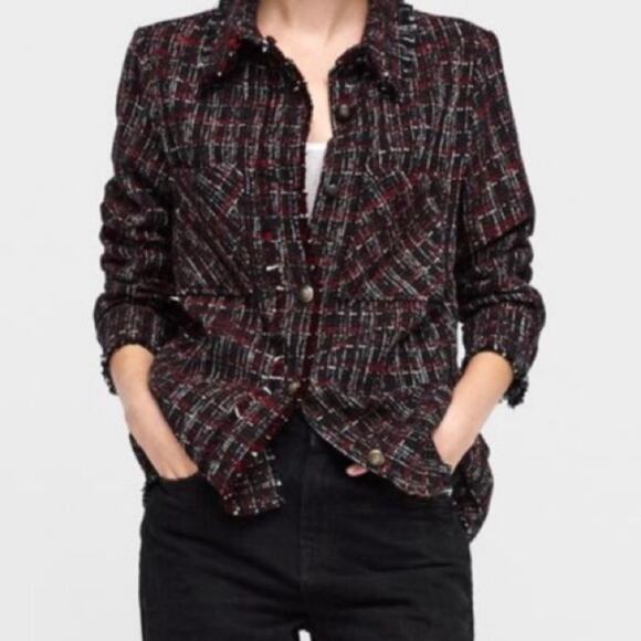 Zara Tweed Shacket Black Red Shirt Jacket Fringe Preppy Boho Contemporary Size S - Picture 12 of 15